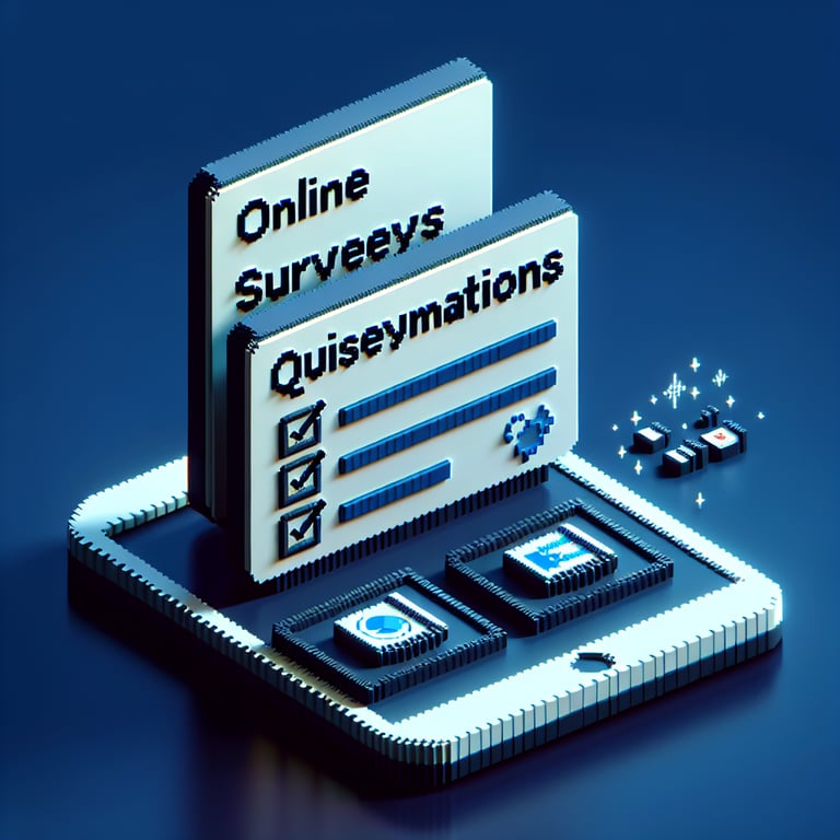3D voxel art depicting online post-retreat survey process on a dark blue background.
