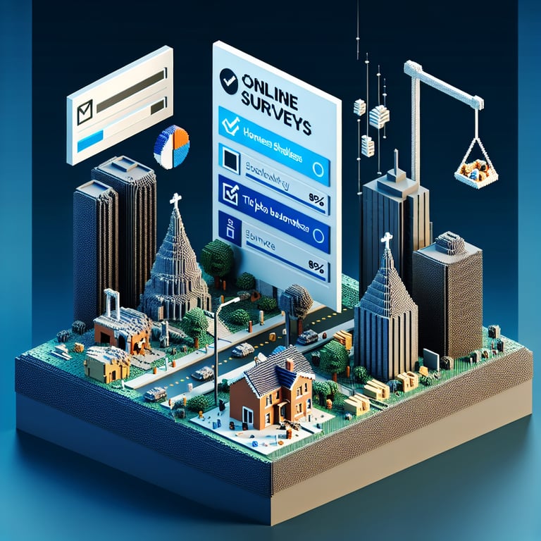 3D voxel art depicting the concept of online homeless survey questions on a dark blue background.