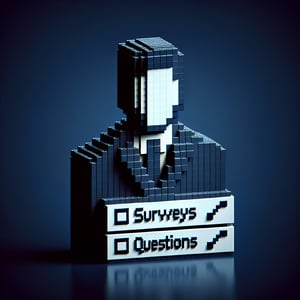 3D voxel art depicting online training and development surveys on a dark blue background.