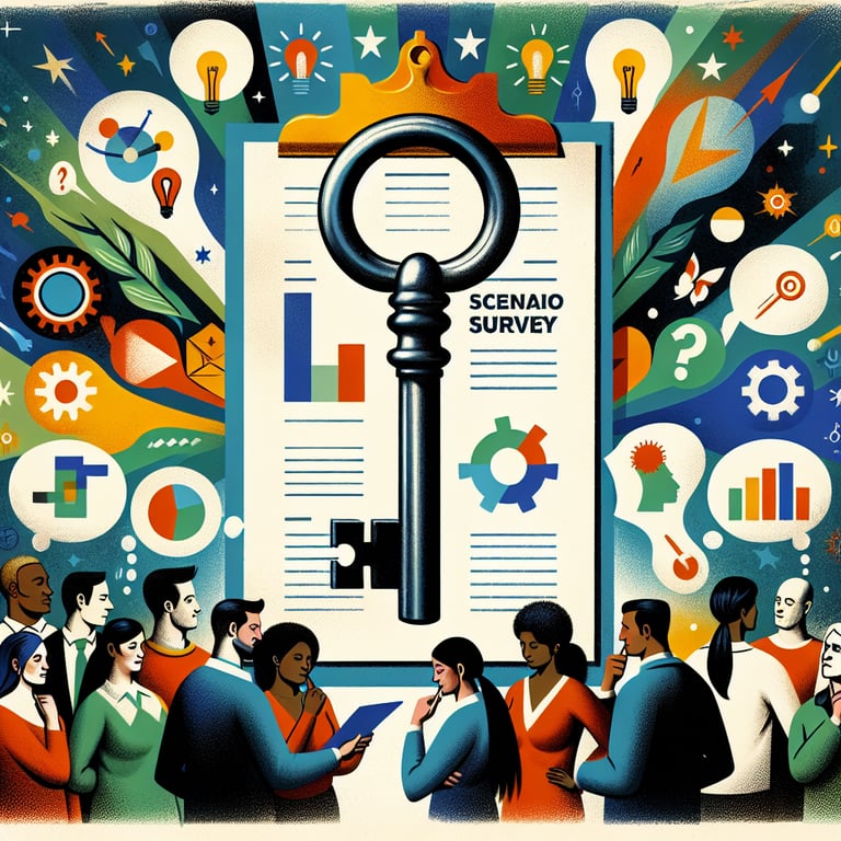 Unlocking the Power of Scenario Survey Questions illustration with potential queries and outcomes