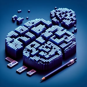 3D voxel art depicting online mental health survey questions on a dark blue background.