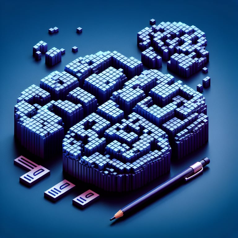 3D voxel art depicting online mental health survey questions on a dark blue background.