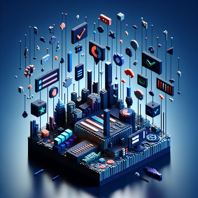 3D voxel art depicting online surveys, with a dark blue background, symbolizing fixed sum survey questions.