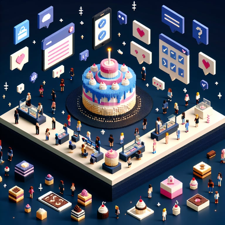 Creative 3D voxel art showcasing a cake shop questionnaire concept