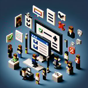 3D voxel art illustrating the concept of online needs assessment surveys on a dark blue background.