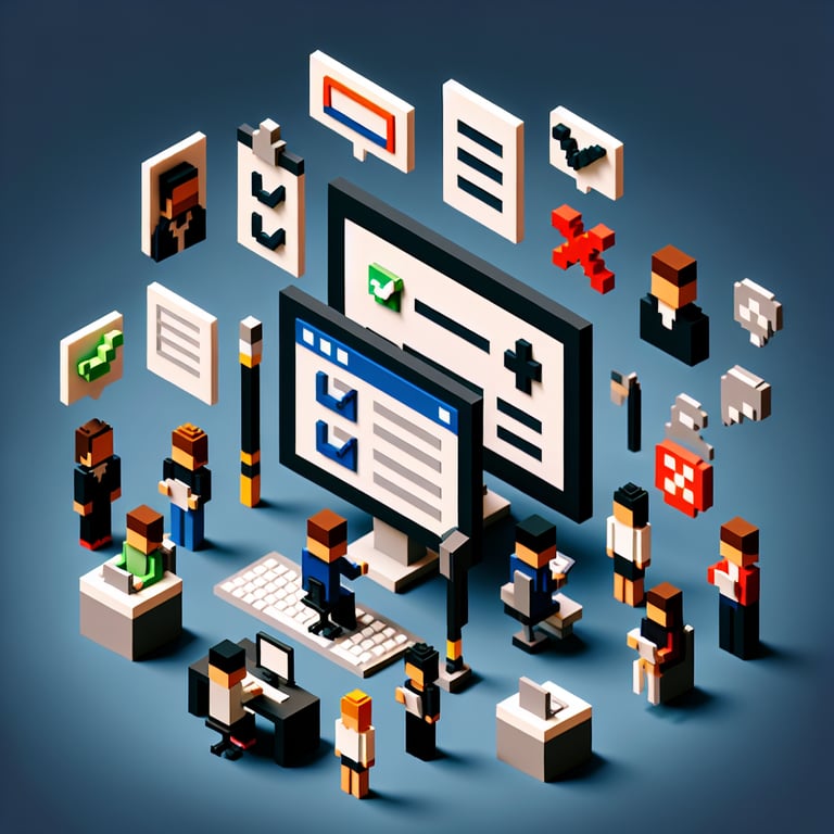 3D voxel art illustrating the concept of online needs assessment surveys on a dark blue background.
