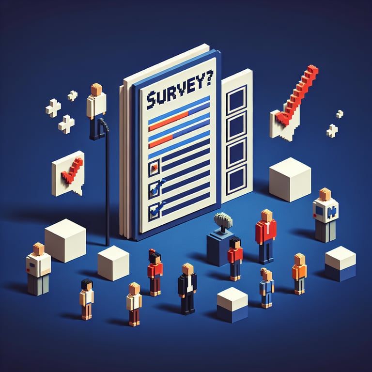 3D voxel art depicting online employee satisfaction survey concept on a dark blue background.