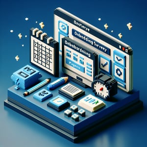 3D voxel art depicting online surveys concept on a dark blue background, symbolizing 30-day onboarding surveys.