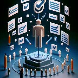 3D voxel art depicting online customer service surveys on a dark blue background.