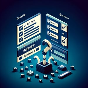 3D voxel art depicting the concept of online user experience survey questions on a dark blue background.