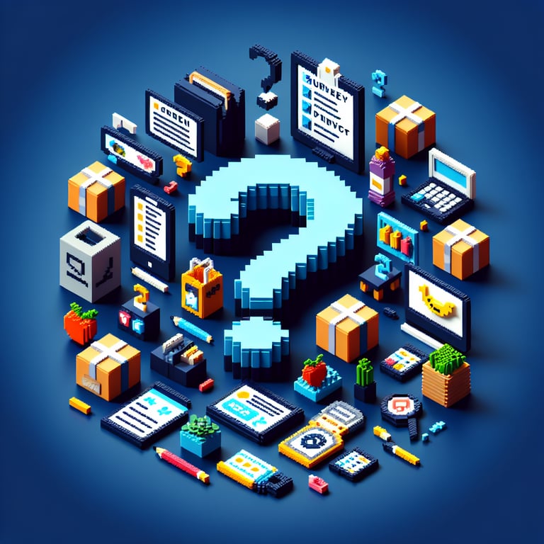 3D voxel illustration of survey prompt structures guiding product feedback