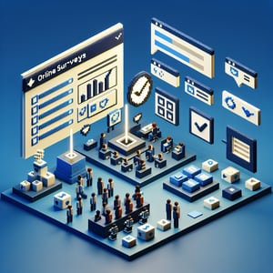 3D voxel art depicting the concept of online onboarding surveys on a dark blue background.
