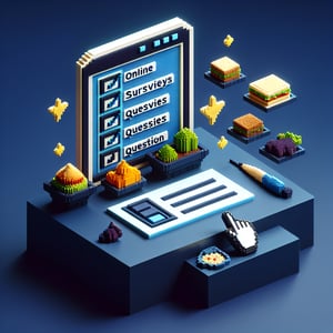 3D voxel art depicting the concept of online food survey questions on a dark blue background.