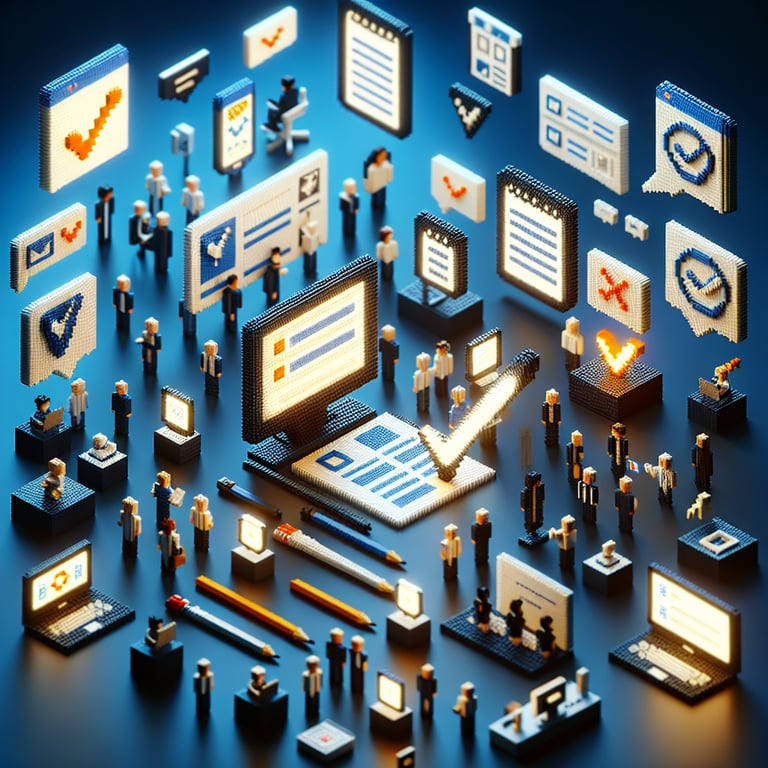 3D voxel art depicting online surveys with a dark blue background, suitable for end users.