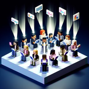 3D voxel art depicting the concept of online surveys, featuring a smartphone and question marks on a dark blue background.