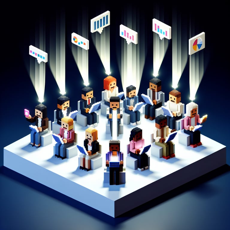 3D voxel art depicting the concept of online surveys, featuring a smartphone and question marks on a dark blue background.