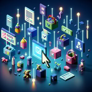 3D voxel art depicting online babysitting survey concept on a dark blue background.