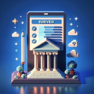 3D voxel art depicting the concept of online satisfaction surveys against a dark blue background.