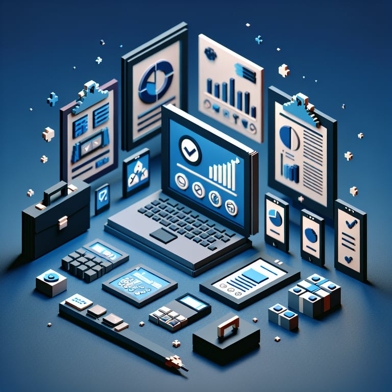 3D voxel art depicting online surveys, with a dark blue background, ideal for insurance company surveys.