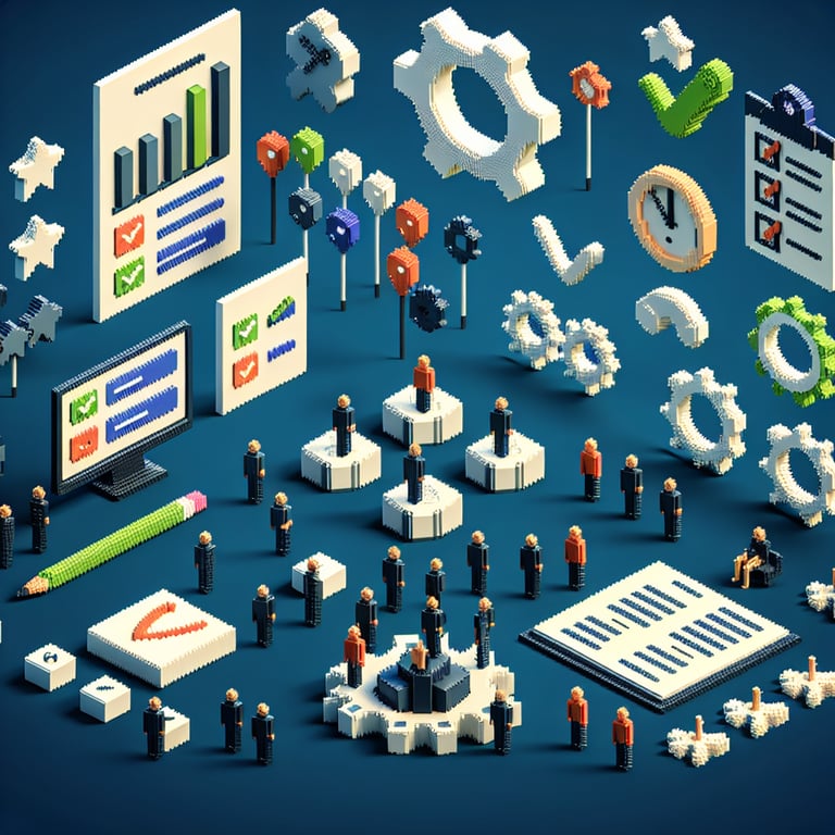 Artistic 3D voxel art illustrating iterative agile survey process