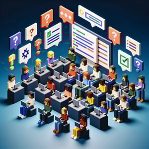 3D voxel art depicting online training surveys on a dark blue background.