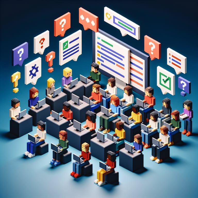 3D voxel art depicting online training surveys on a dark blue background.