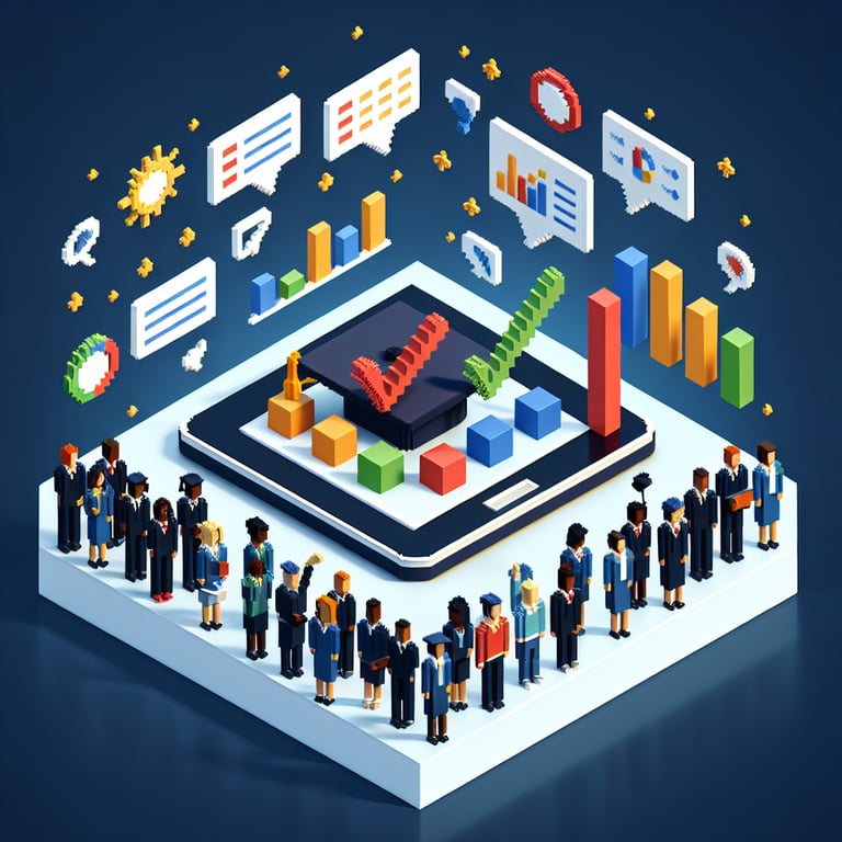 Creative 3d voxel illustrating alumni outcome key metrics