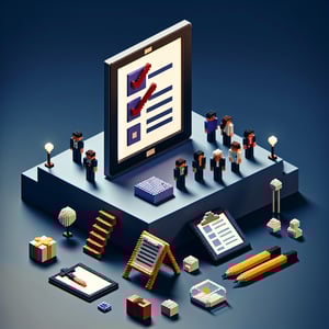 3D voxel art depicting online event planning surveys on a dark blue background.