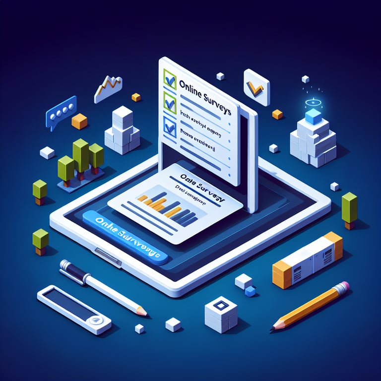 3D voxel art depicting online surveys, symbolizing data literacy survey questions.