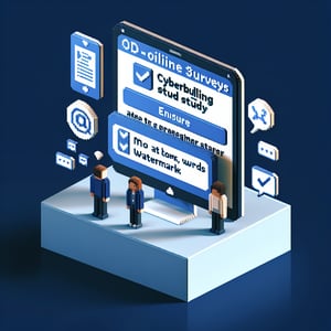 3D voxel art depicting online surveys on a dark blue background, symbolizing cyberbullying survey questions.