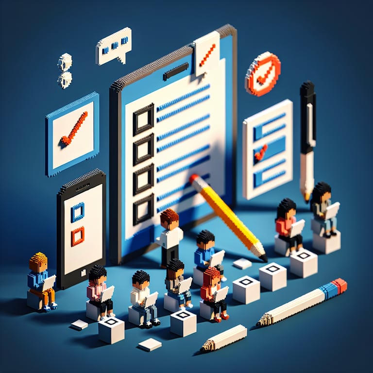 3D voxel art depicting the concept of online student surveys on a dark blue background.