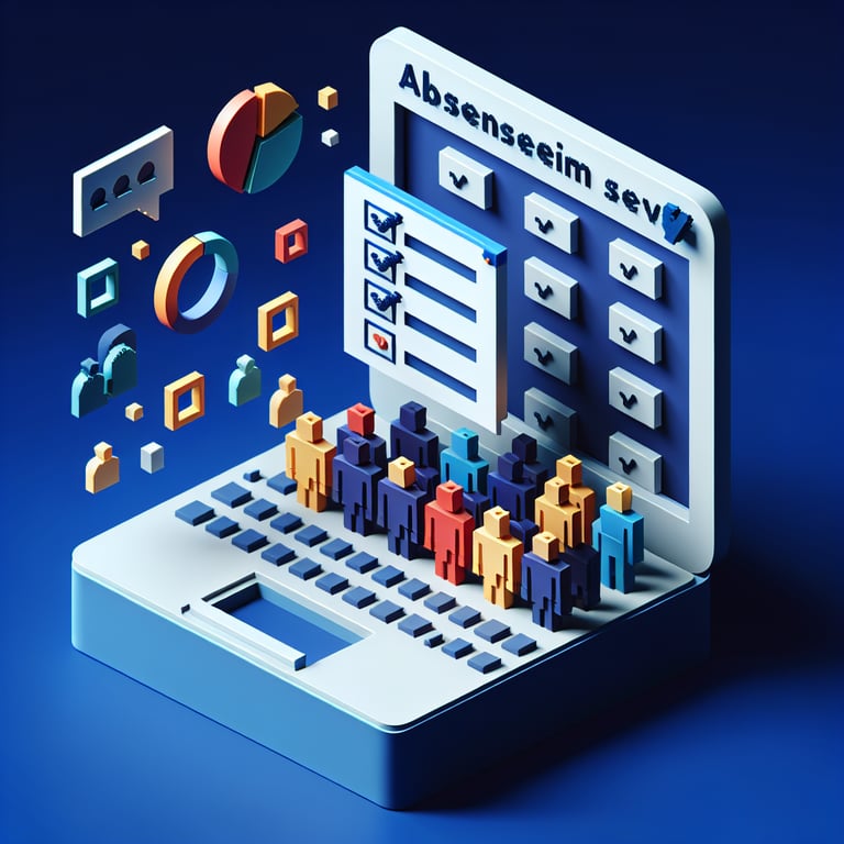 3D voxel art depicting online absenteeism surveys on a dark blue background.