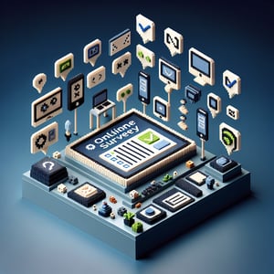 3D voxel art depicting online technology surveys on a dark blue background.