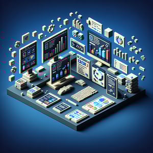 3D voxel art depicting online surveys on a dark blue background, symbolizing user experience survey questions.