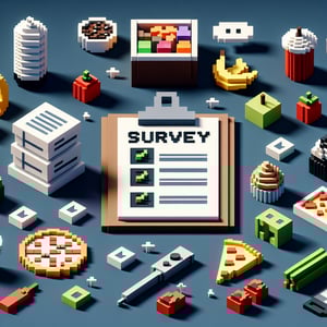 3D voxel art depicting online food quality surveys on a dark blue background.