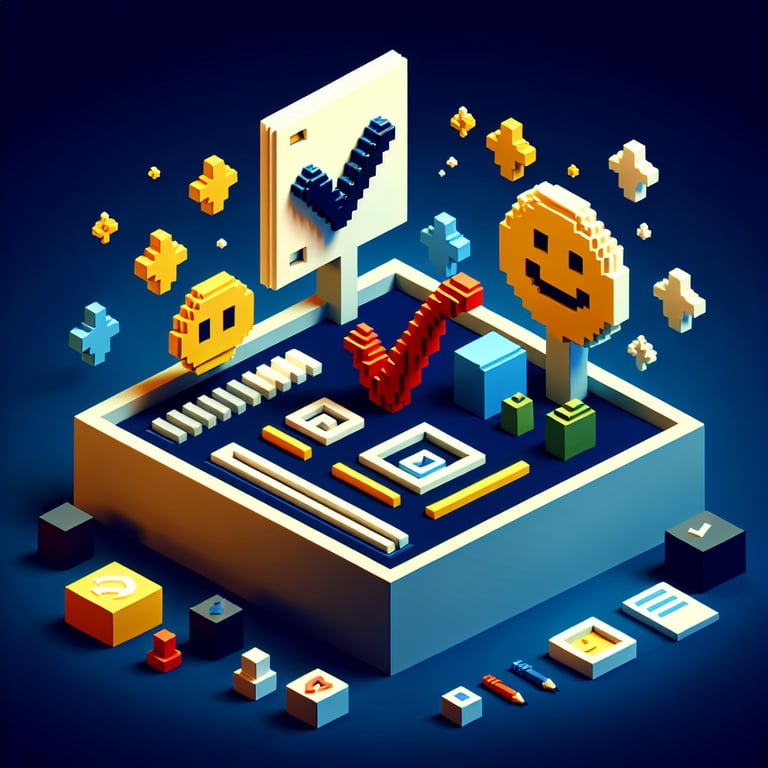 3D voxel art depicting online satisfaction questionnaire surveys on a dark blue background.
