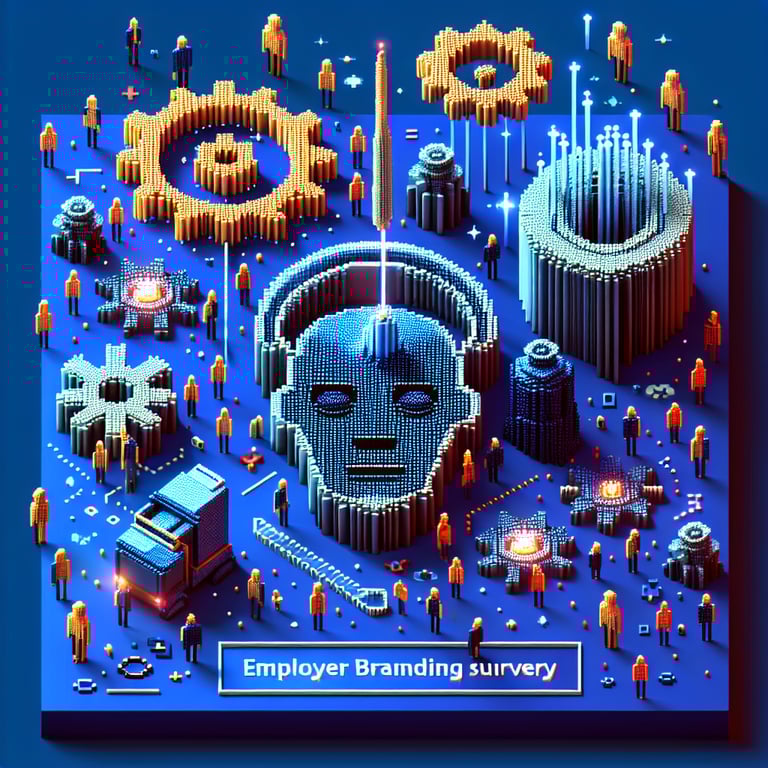 3D voxel art depicting online employer branding surveys, set against a dark blue background.