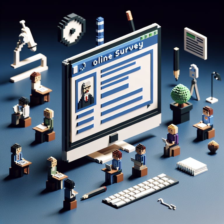 Artistic 3D voxel art illustrating MAPSS survey question framework
