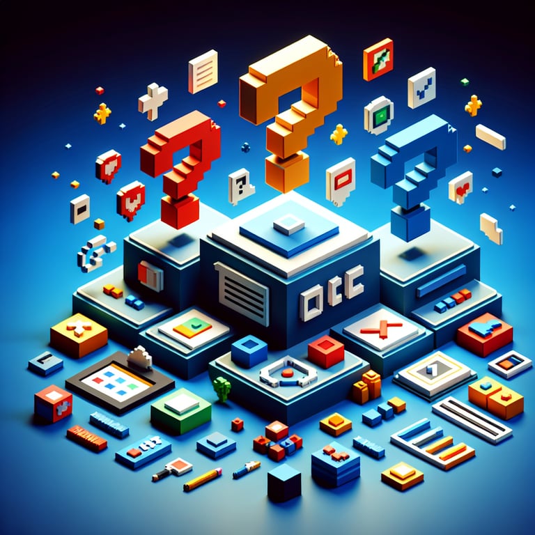 3D voxel art depicting vibrant, engaging elements symbolizing online surveys and questions on a dark blue background.