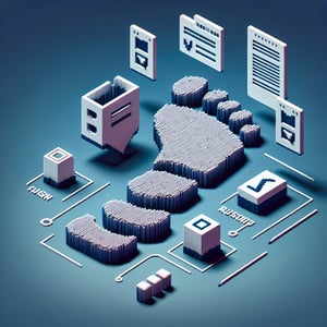 3D voxel art depicting online survey concept on a dark blue background for digital footprint surveys.