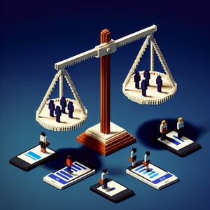 3D voxel art depicting online equity theory surveys on a dark blue background.