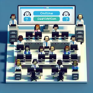 3D voxel art depicting online surveys, symbolizing call centre customer satisfaction queries on a dark blue background.
