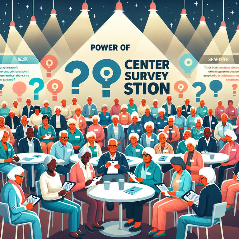 Graphic illustrating the power and outcomes of Senior Center survey questions.