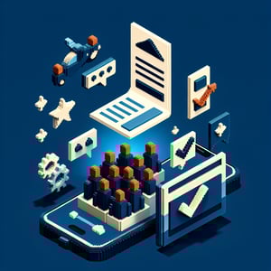 3D voxel art depicting online class evaluation surveys on a dark blue background.