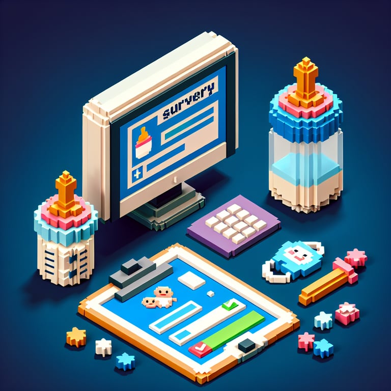 3D voxel art depicting online breastfeeding surveys on a dark blue background.