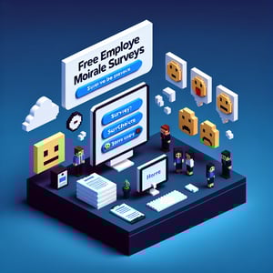 3D voxel art depicting online surveys, emphasizing free employee morale surveys on a dark blue background.