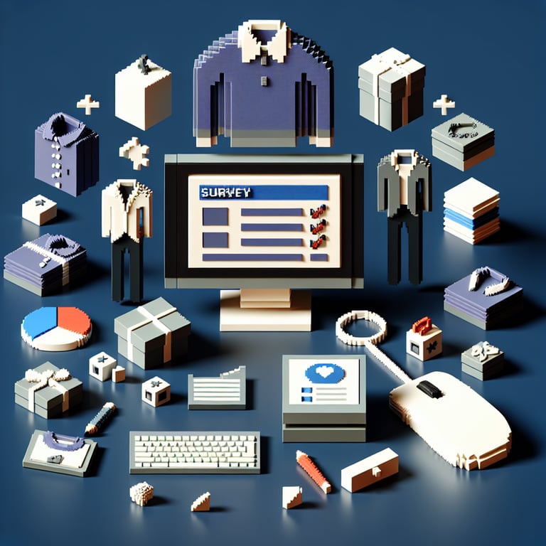 3D voxel art depicting online clothing brand survey concept on a dark blue background.