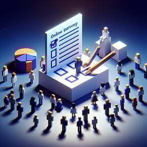 3D voxel art depicting online surveys, symbolizing project team feedback survey questions on a dark blue background.