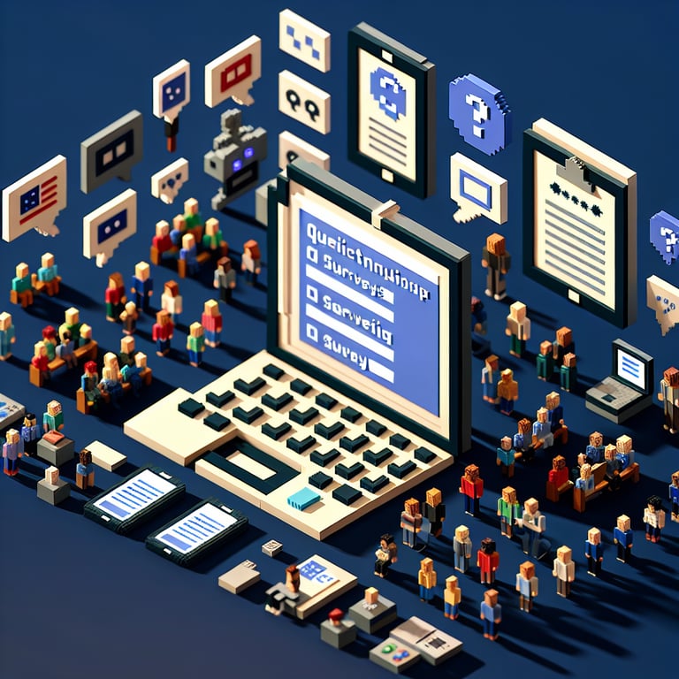 3D voxel art representation of online American community surveys on a dark blue background.