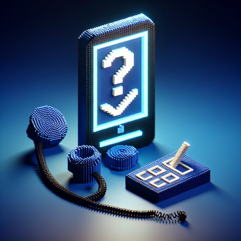 3D voxel art depicting online phone system surveys against a dark blue background.